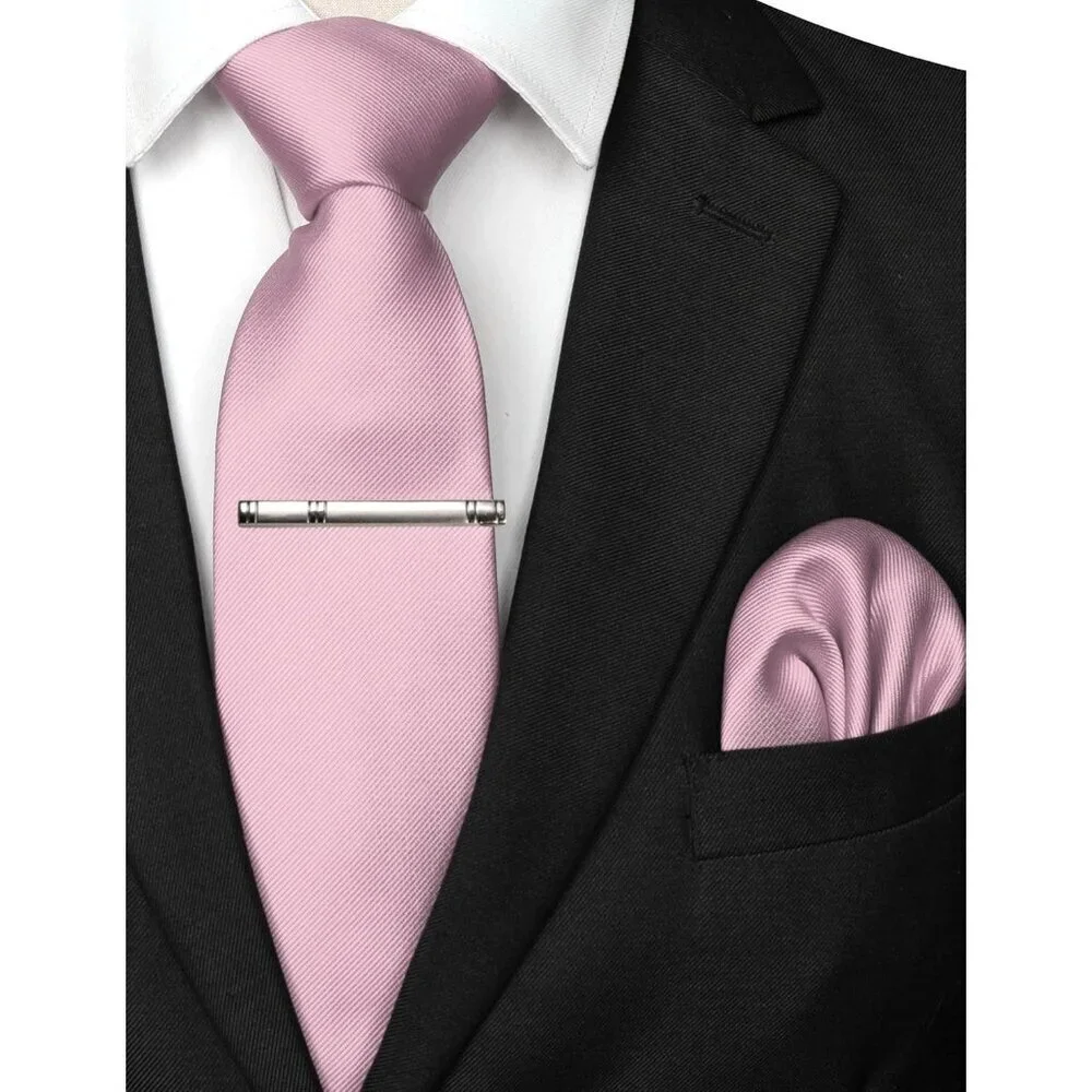 Men's Dusty Rose Colour Formal Necktie and Pocket Square Tie Clip Sets